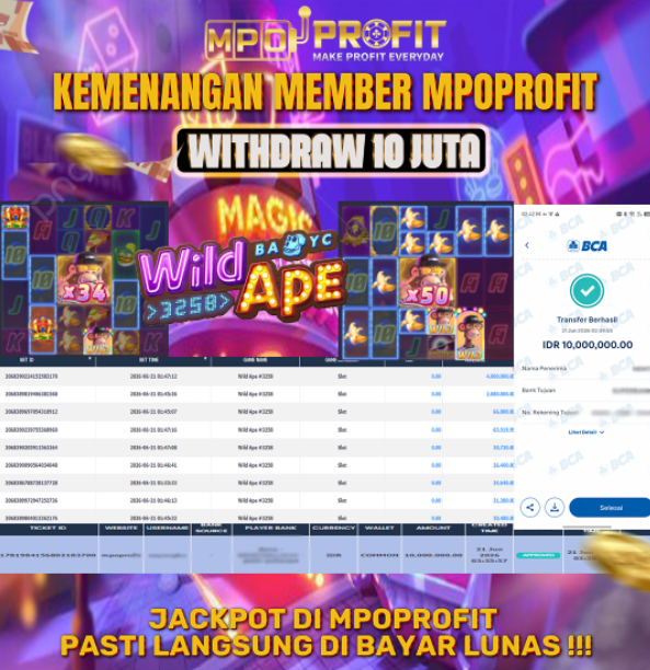 MPOPROFIT JACKPOT SLOT PGSOFT! KEMENANGAN MURNI DI (WILD APE TOTAL RP 10.000.000,- LUNAS)